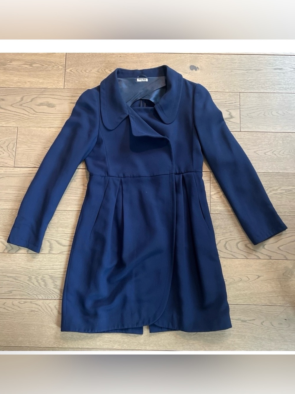 Miu Miu Blue Long Button Trench Gathered Cocoon Pea Coat Round Collar Size 42